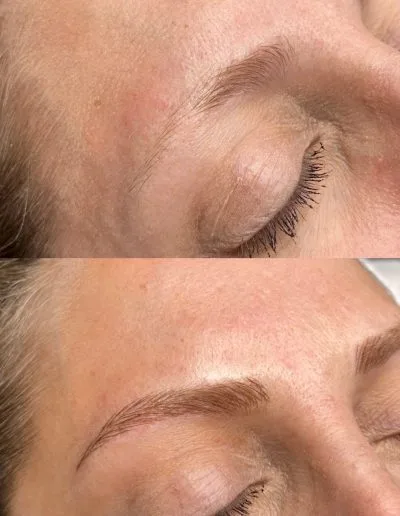 Before and after photo of microblading done on a client example 54 from Aesthetically Speaking in Reno, Nevada.