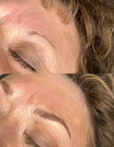 Before and after photo of microblading done on a client example 53 from Aesthetically Speaking in Reno, Nevada.
