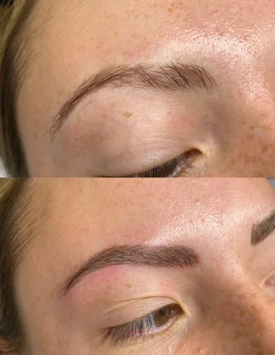 Before and after photo of microblading done on a client example 52 from Aesthetically Speaking in Reno, Nevada.