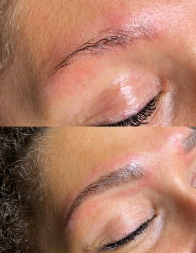Before and after photo of powder brows done on a client example 1 from Aesthetically Speaking in Reno, Nevada.