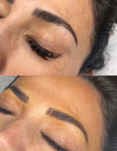 Before and after photo of microblading done on a client example 45 from Aesthetically Speaking in Reno, Nevada.